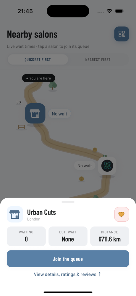 Shop card with rating, waiting count and join button