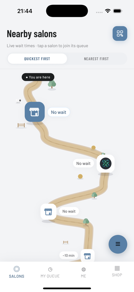 OnQ app showing nearby salons with live wait times on an illustrated path